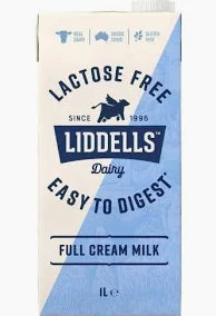 Liddells Lactose Free Full Cream UHT Milk 1L BOX OF 12
