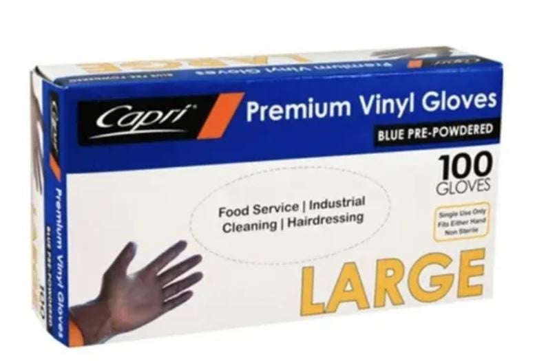 Capri Premium Vinyl Gloves Blue Pre-Powdered Large 100pk