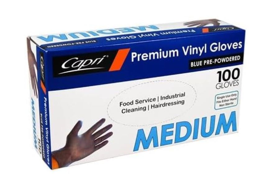 Capri Premium Vinyl Gloves Blue Pre-Powdered Medium 100pk