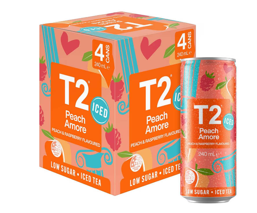 T2 Peach Amore Low Sugar Iced Tea Cans 240ml X 4 Pack