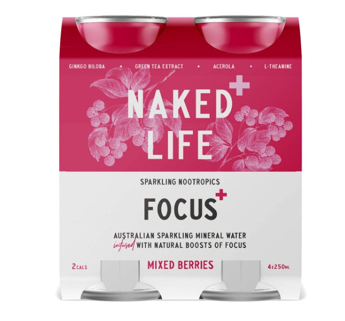 Naked Life Sparkling Nootropics Focus Mixed Berries Cans 250ml X4 Pack