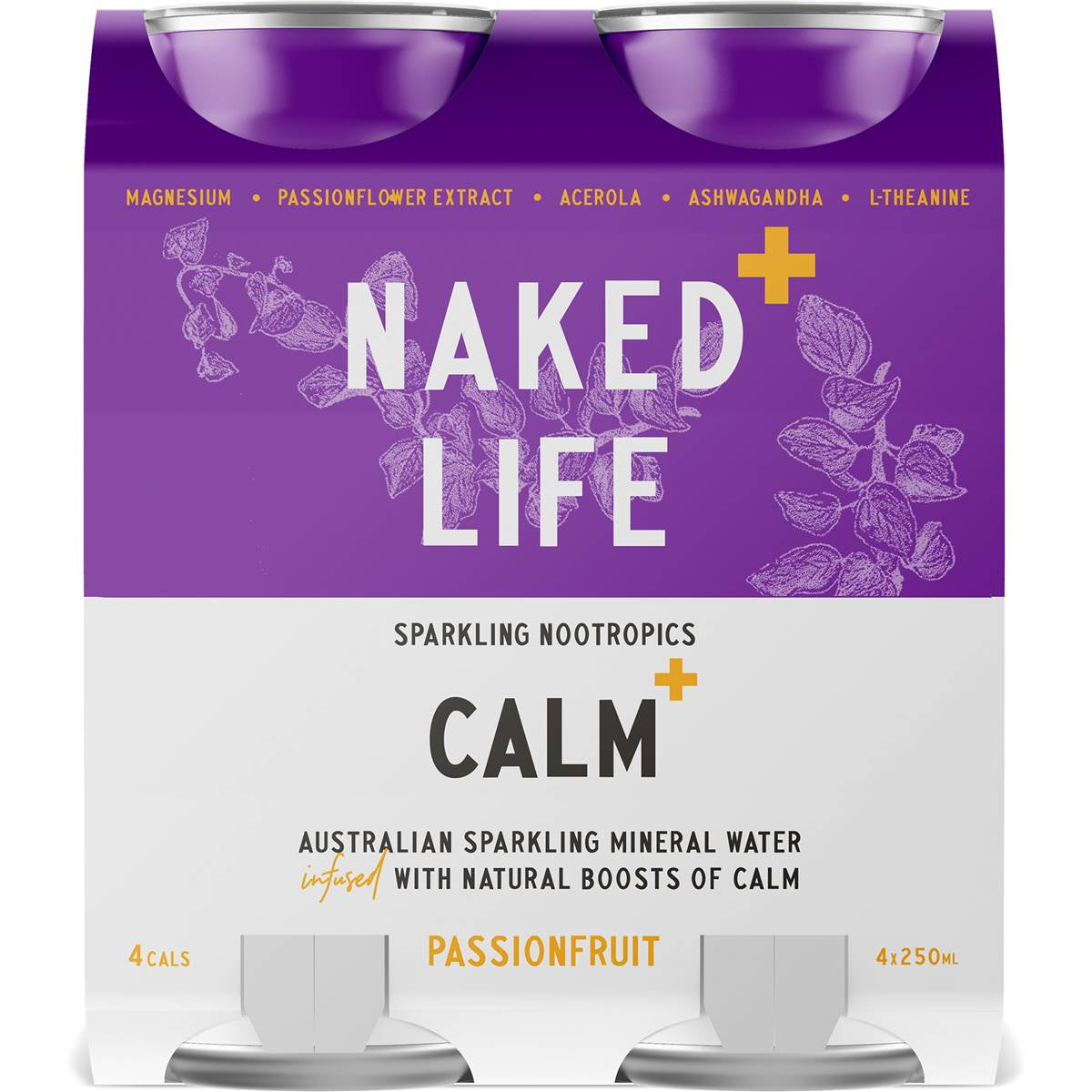 Naked Life Sparkling Nootropics Calm Passionfruit Cans 250ml X4 Pack