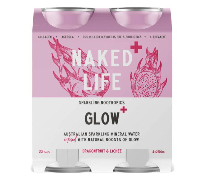 Naked Life Sparkling Nootropics Glow Dragonfruit & Lychee Cans 250ml X4 Pack